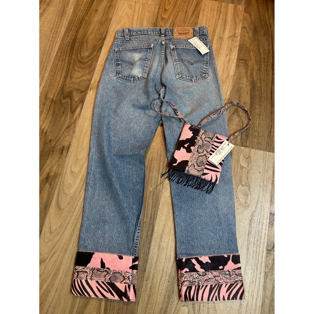 Leatherock Custom Levis 501 Jeans Animal Print Cuffs & Bag Pink Black 32